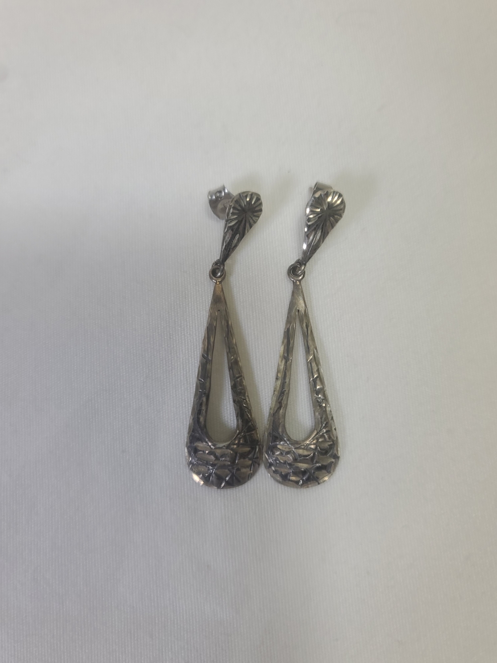 Native American Sterling Teardrop Floral Engraved Drop Earrings - Silver